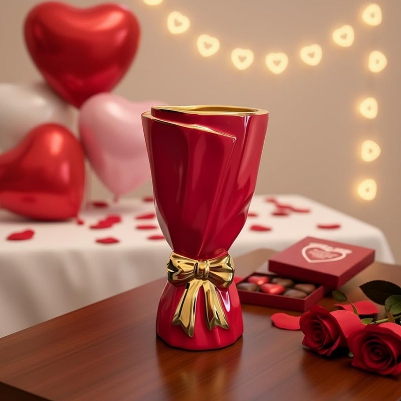 WLGRANJIA Red and Gold Bow Ceramic Vase - Flower Vases for Home Decor, Bow Decor, Boho Style, 9.65 Inch Flower Vases for Bouquet, Large Vase for Ideal Shelf Decor/Table (Red and Gold, Large) - Image 4